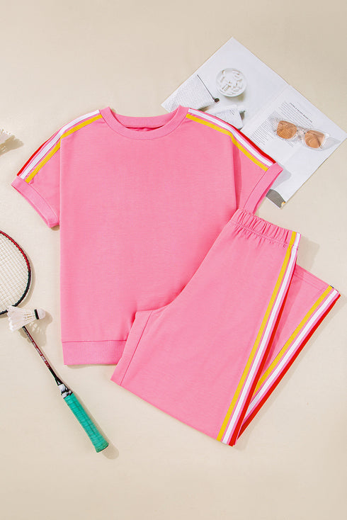 Urban Ease Contrast Trim Crewneck T Shirt And Wide Leg Pants Set